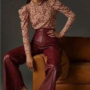 NWT 7 For All Mankind Burgundy Vegan Faux Leather Flare Leg Size M